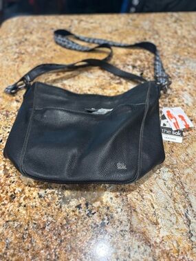 The Sak Black Leather Crossbody Hobo with Patterned Strap